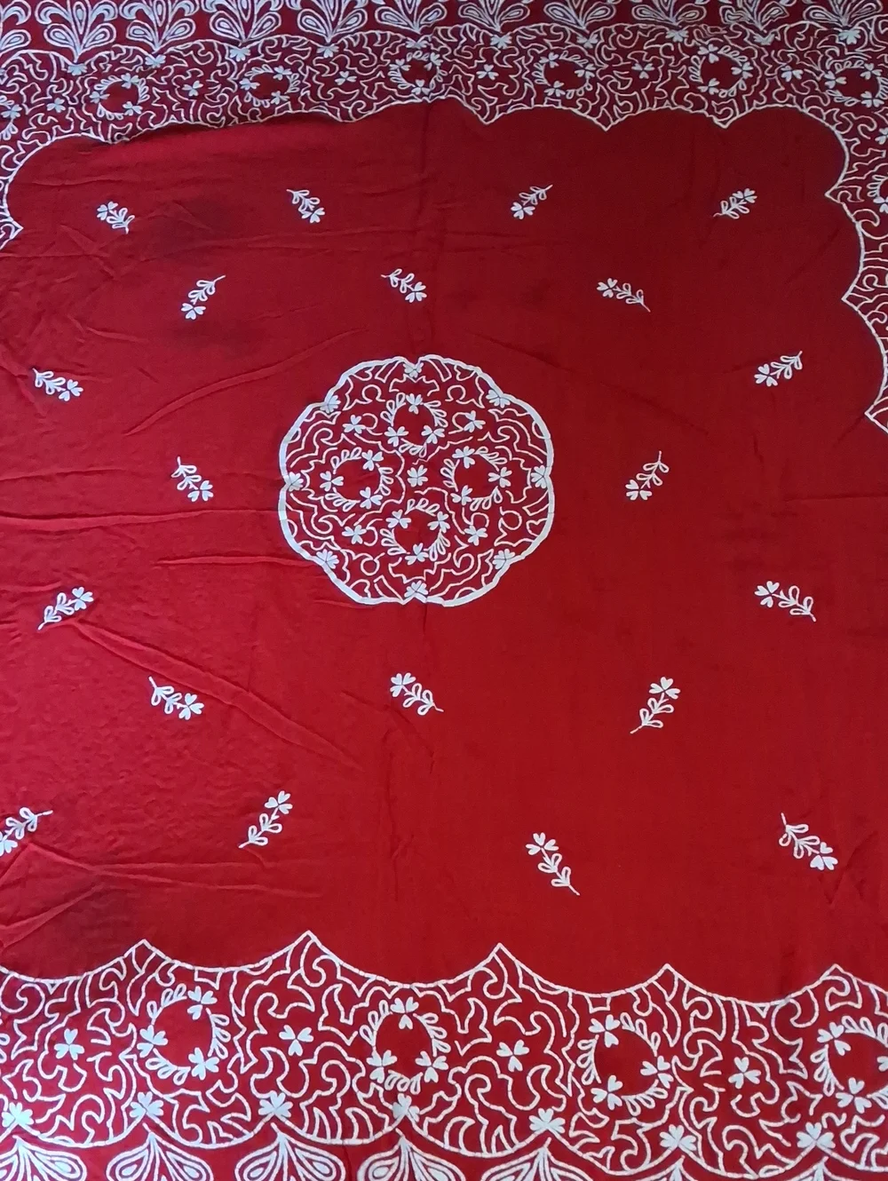Vintage Red Table Cloth with White Floral Print